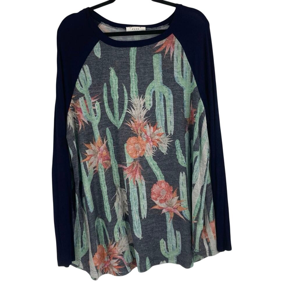Janette Plus Cactus Print Ragland Western Stretchy Tunic Shirt Women’s